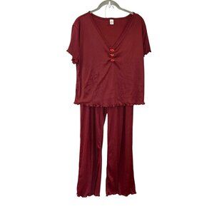 Five Below Burgundy Red Y2K Style 2PC Pajama Set Lettuce Hem Ribbed Pants Top